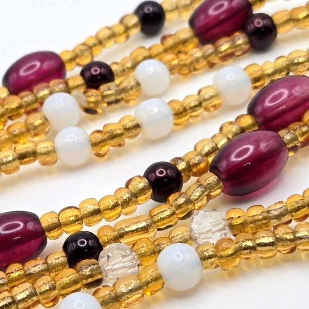 Long Handmade Glass Beaded‎ Necklace Red Black White Amber Colored Glass Beads